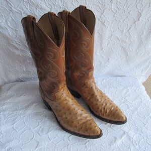 DAN POST Western Boots 10.5 D Exotic OSTRICH 2 Tone brown Vintage Full Quill
